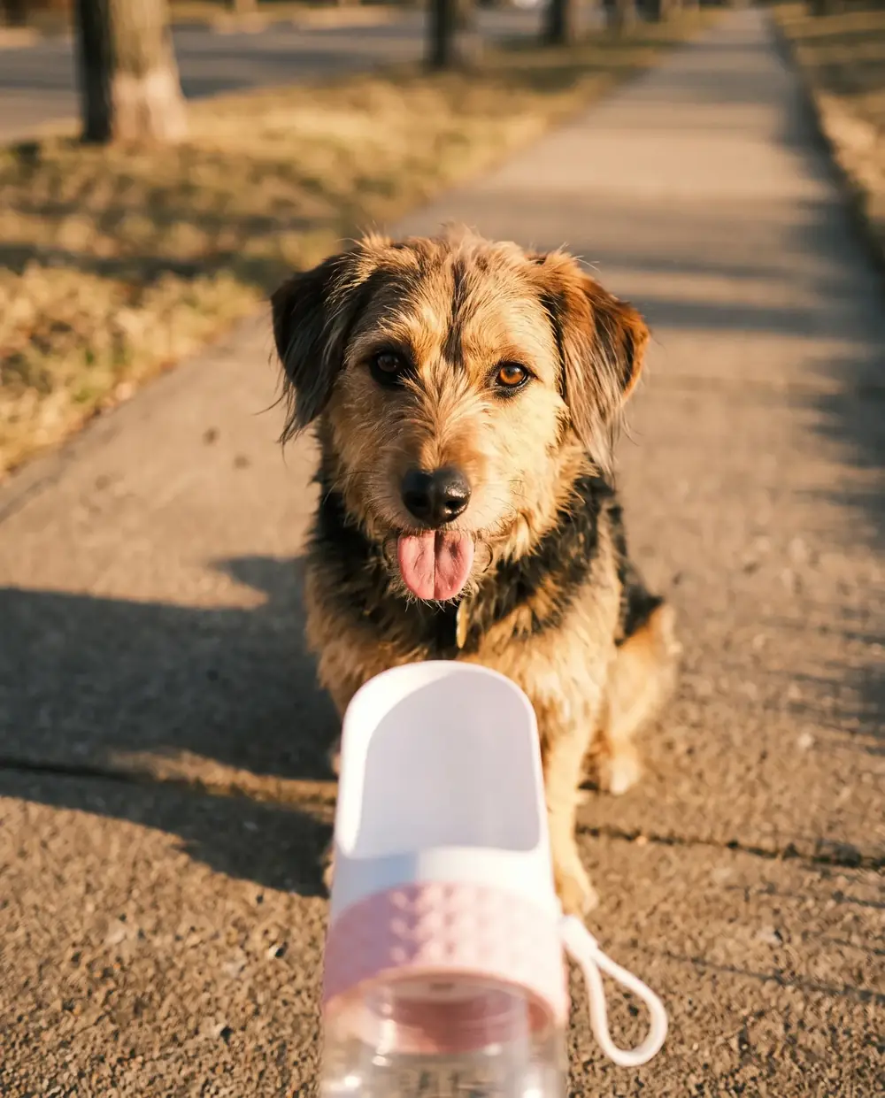 Scruffy brown dog sitting on a sidewalk at golden hour, tongue out, waiting behind a pink WanderPaws bottle.